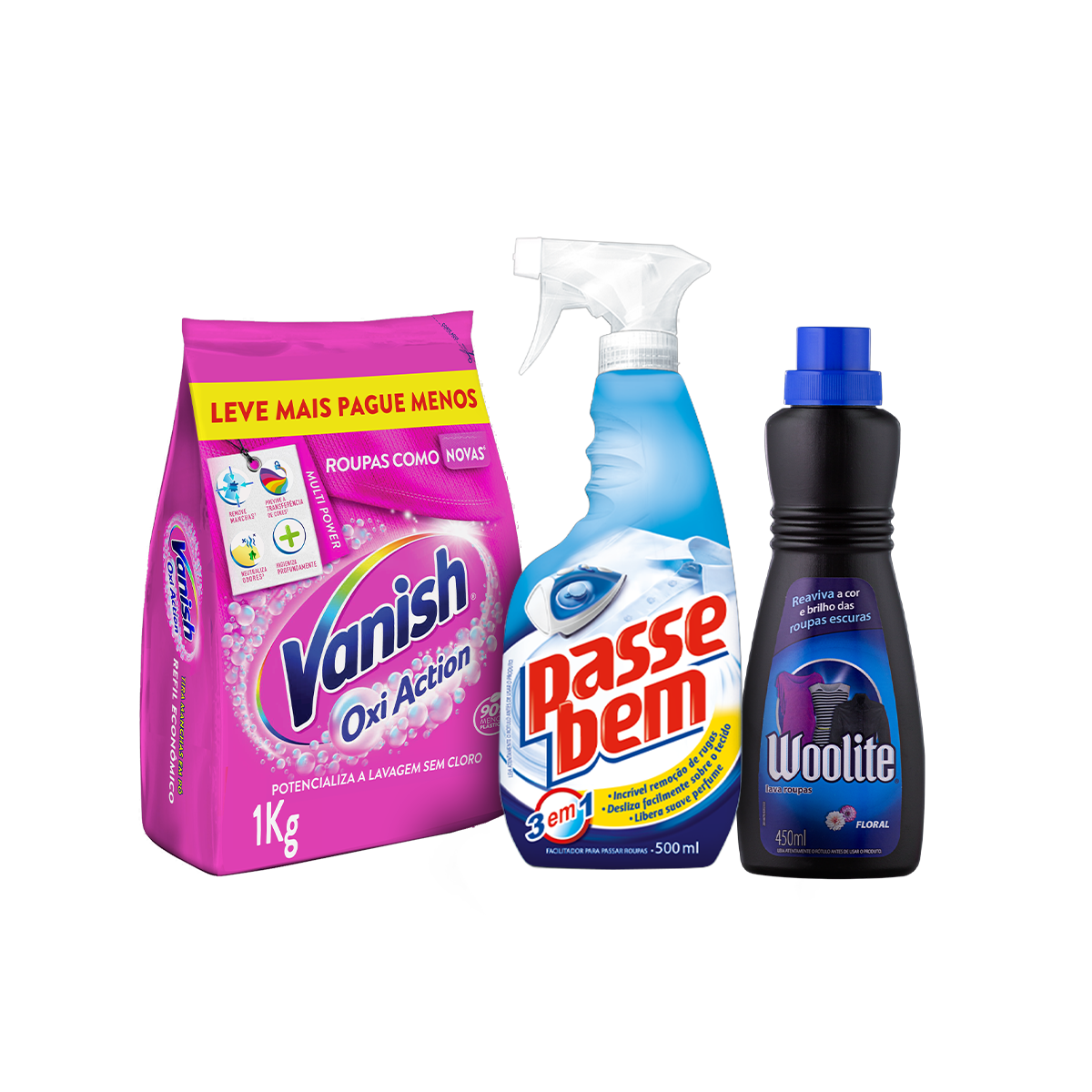 Kit Tira Manchas em Pó Vanish Multi Power Oxi Action 1kg Refil Econômico para roupas coloridas + Lava Roupas Woolite para Roupas Escuras Floral 500ml + Facilitador Spray de Passar Roupas Passe Bem 3 em 1 500ml