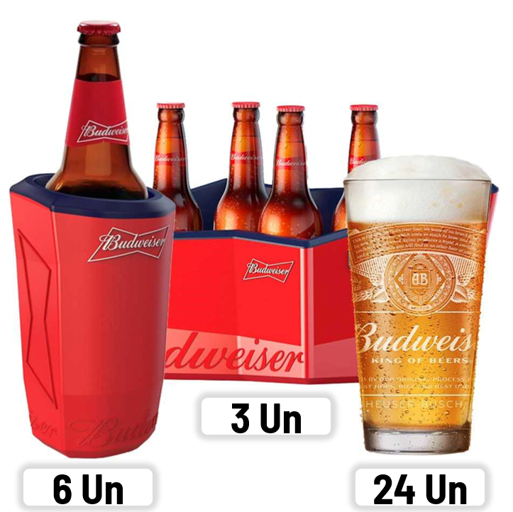 Combo Budweiser: 24 Copos + 6 Cervegelas + 3 Baldes