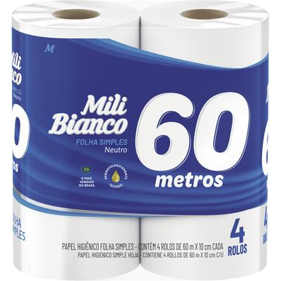Papel Higiênico Mili Bianco Folha simples - 60m 4 rolos