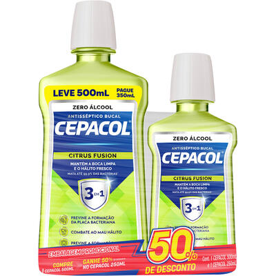 Kit Enxaguante Bucal 500ml + Enxaguante Bucal 250ml Zero Álcool Citrus Fusion Cepacol Grátis 50% de Desconto no Cepacol 250ml