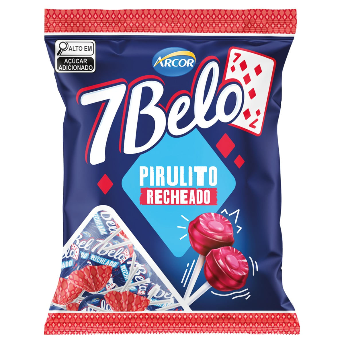 Pirulito Framboesa Recheio Bala Mastigável 7 BELO Pacote 120g 10 Unidades