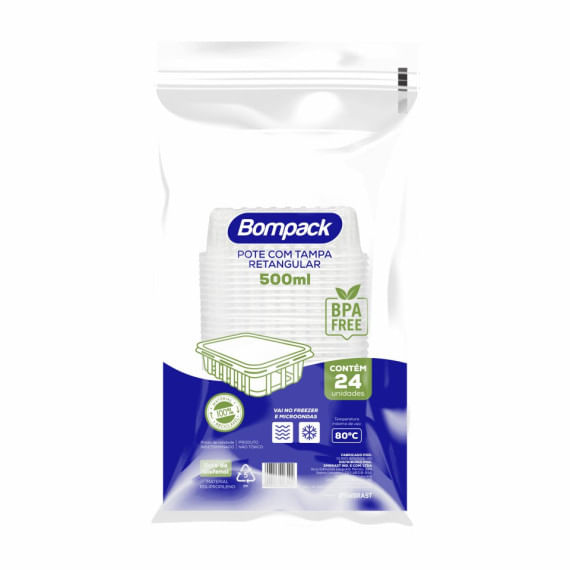 Pote BOMPACK Retangular com Tampa 500ml com 24 unidades