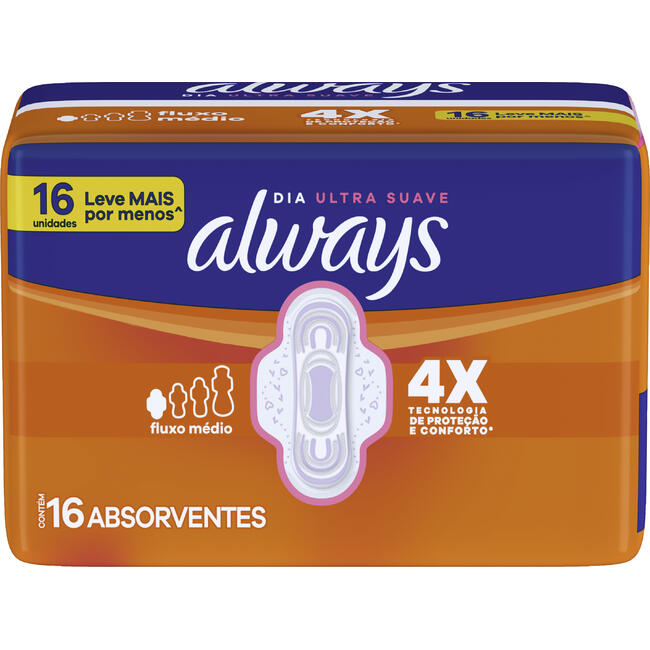 Absorvente com Abas Suave Always Pequeno Pacote 16 Unidades Grátis 2 Absorventes