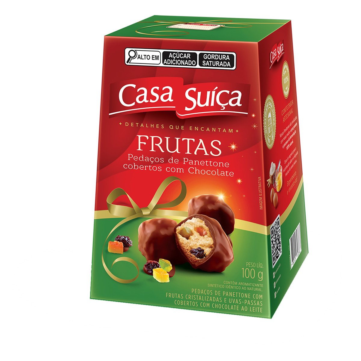 Pedaços de Panettone com Frutas Cristalizadas e Uvas-Passas Cobertura Chocolate ao Leite Casa Suíça Caixa 100g
