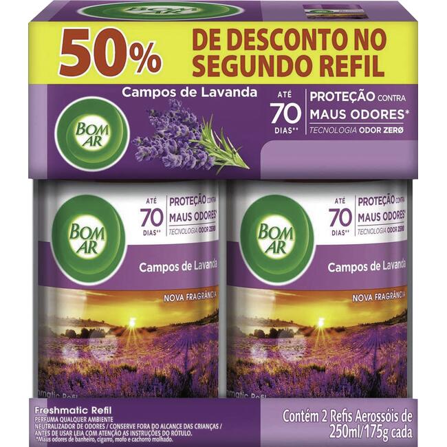 Aromatizador de Ambiente BOM AR Automático Aerossol Freshmatic Refil 50% off na 2ª Unidade Campos de Lavanda