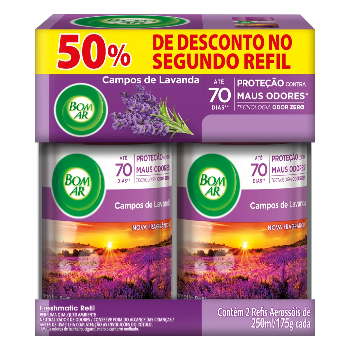 Aromatizador de Ambiente BOM AR Automático Aerossol Freshmatic Refil 50% off na 2ª Unidade Campos de Lavanda