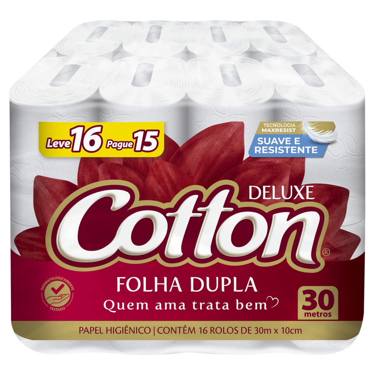 Papel Higiênico Folha Dupla Deluxe Cotton 30m Pacote Leve 16 Pague 15 Unidades