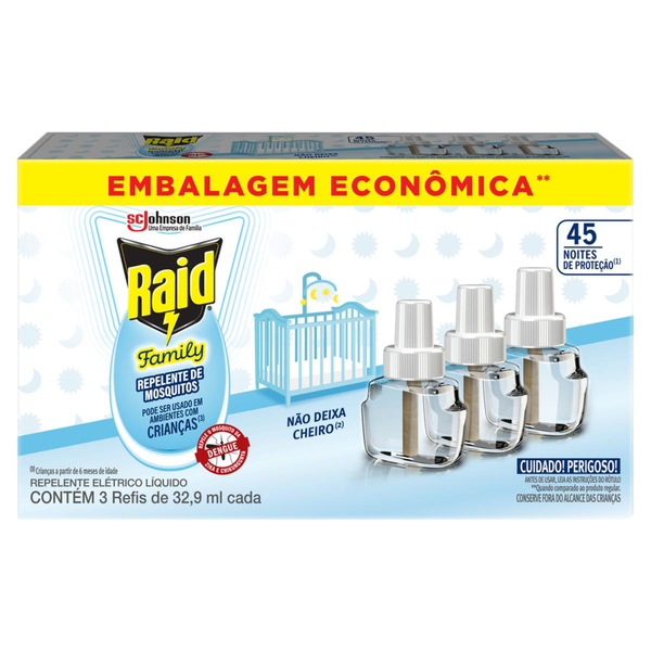 Refil Elétrico RAID 45 Noites Family com 3 Unidades 32.9ml cada Embalagem Econômica
