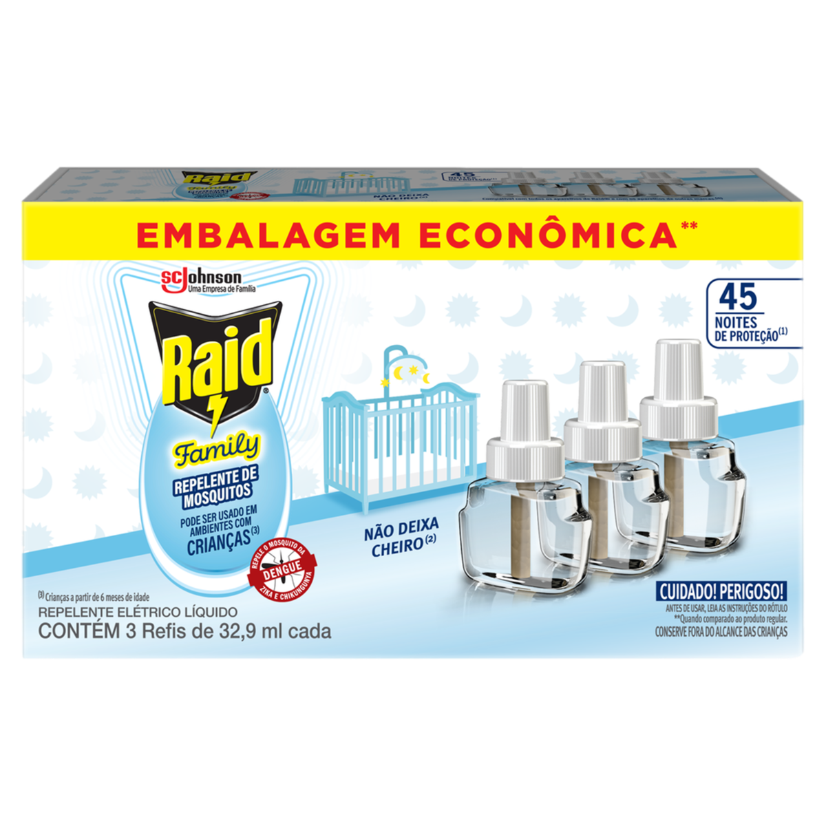 Refil Elétrico RAID 45 Noites Family com 3 Unidades 32.9ml cada Embalagem Econômica