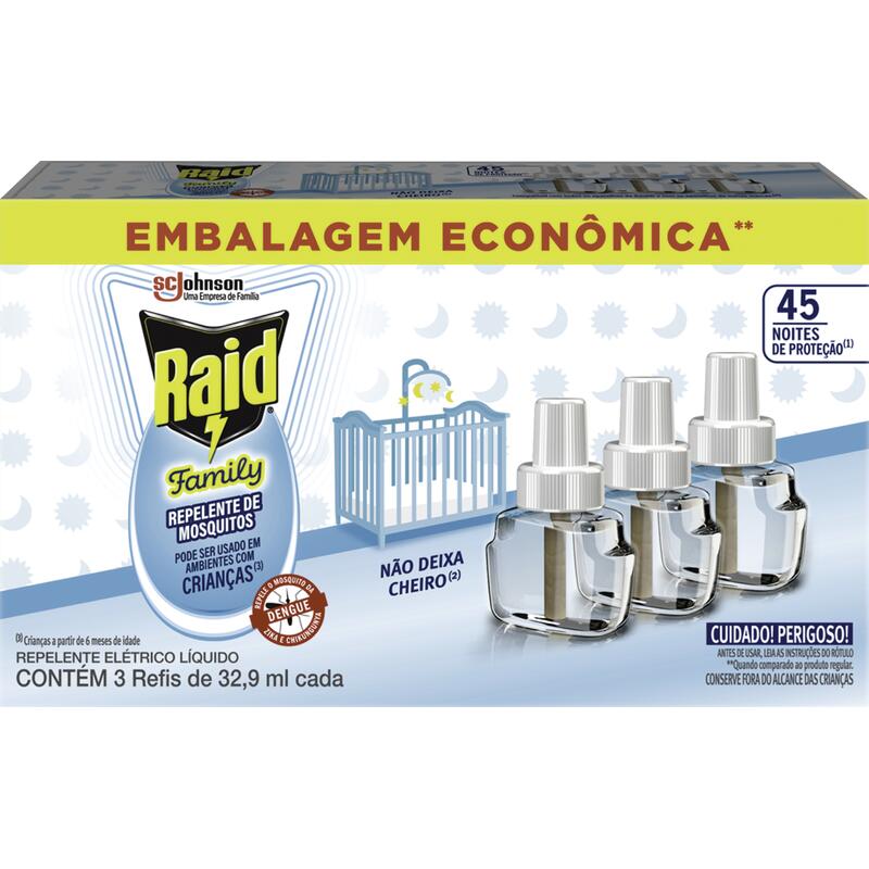 Refil Elétrico RAID 45 Noites Family com 3 Unidades 32.9ml cada Embalagem Econômica