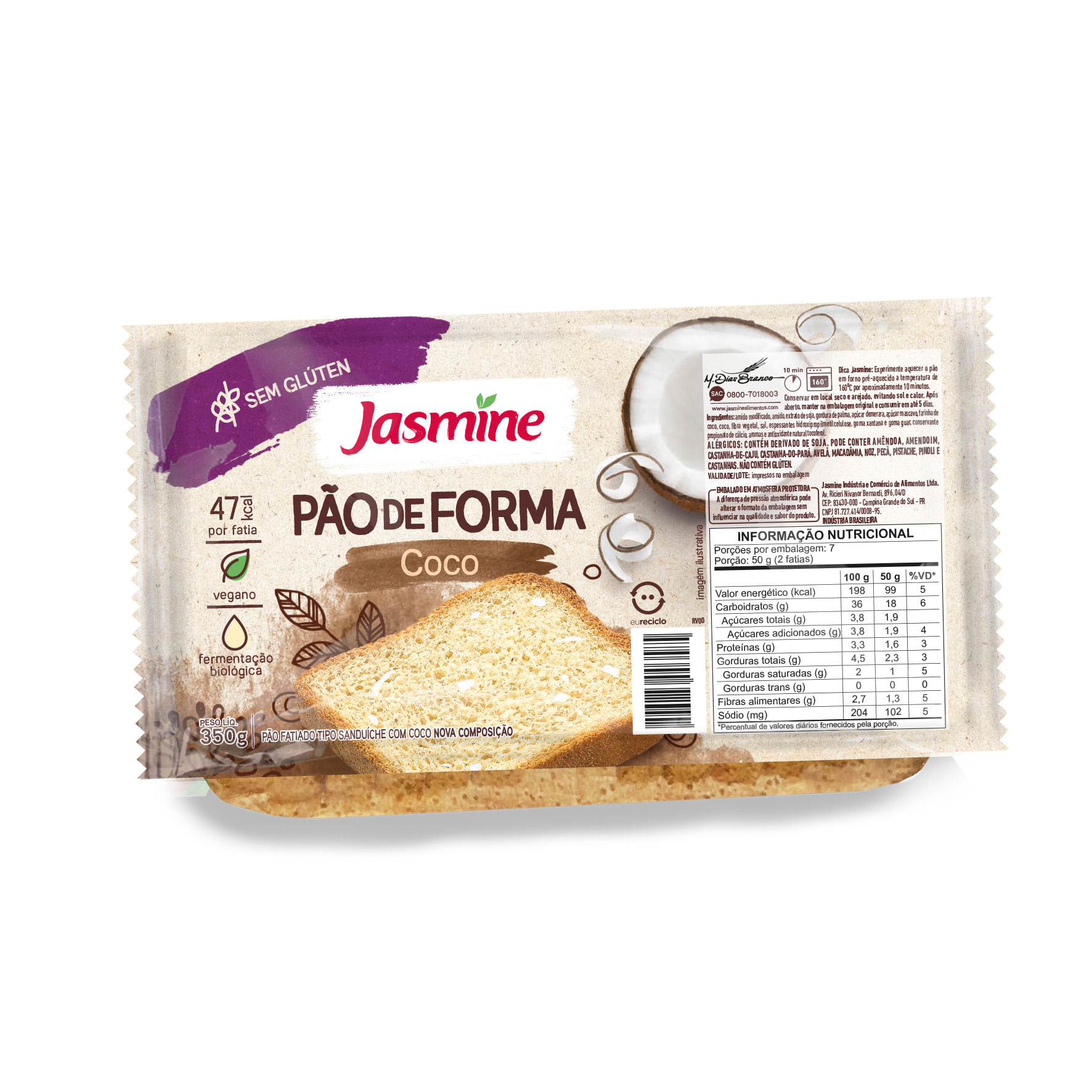 Pão JASMINE Forma Coco Sem Glúten e Vegano 350g