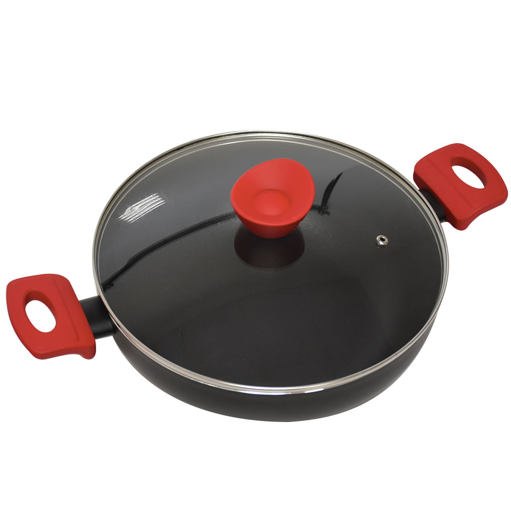 Panela Wok Pratic Casa 28cm com Tampa de Vidro, Preta/Vermelha