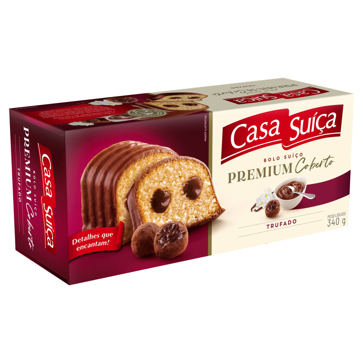 Bolo Suíço Baunilha Recheio Trufado Chocolate Amargo Cobertura Chocolate Casa Suíça Premium Caixa 340g