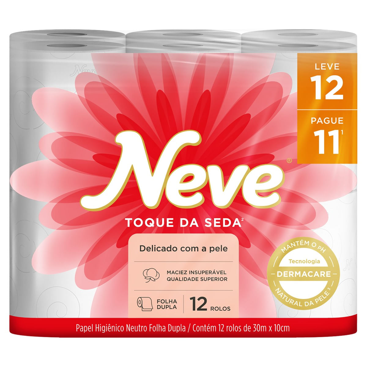Papel Higiênico Neve Toque da Seda Folha Dupla Neutro 30m Leve 12un Pague 11un