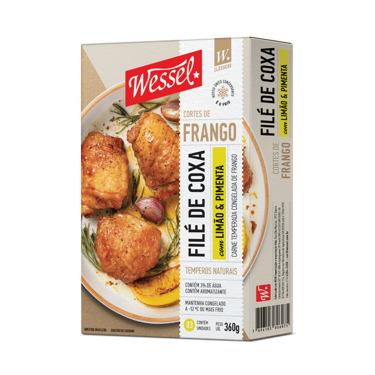 Filé de Coxa de Frango Congelado Temperado Limão e Pimenta sem Osso Wessel 360g 3 Unidades