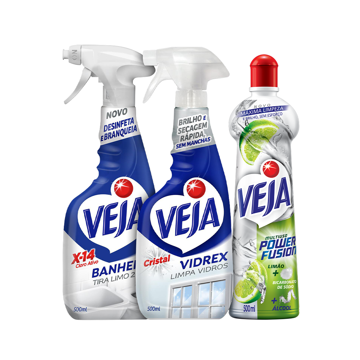 Kit Spray Tira Limo Veja Banheiro X14 500ml Refil + Desengordurante Veja Cozinha Limão 400ml Refil Econômico + Limpa Vidros Spray Veja Vidrex Cristal 500ml Refil