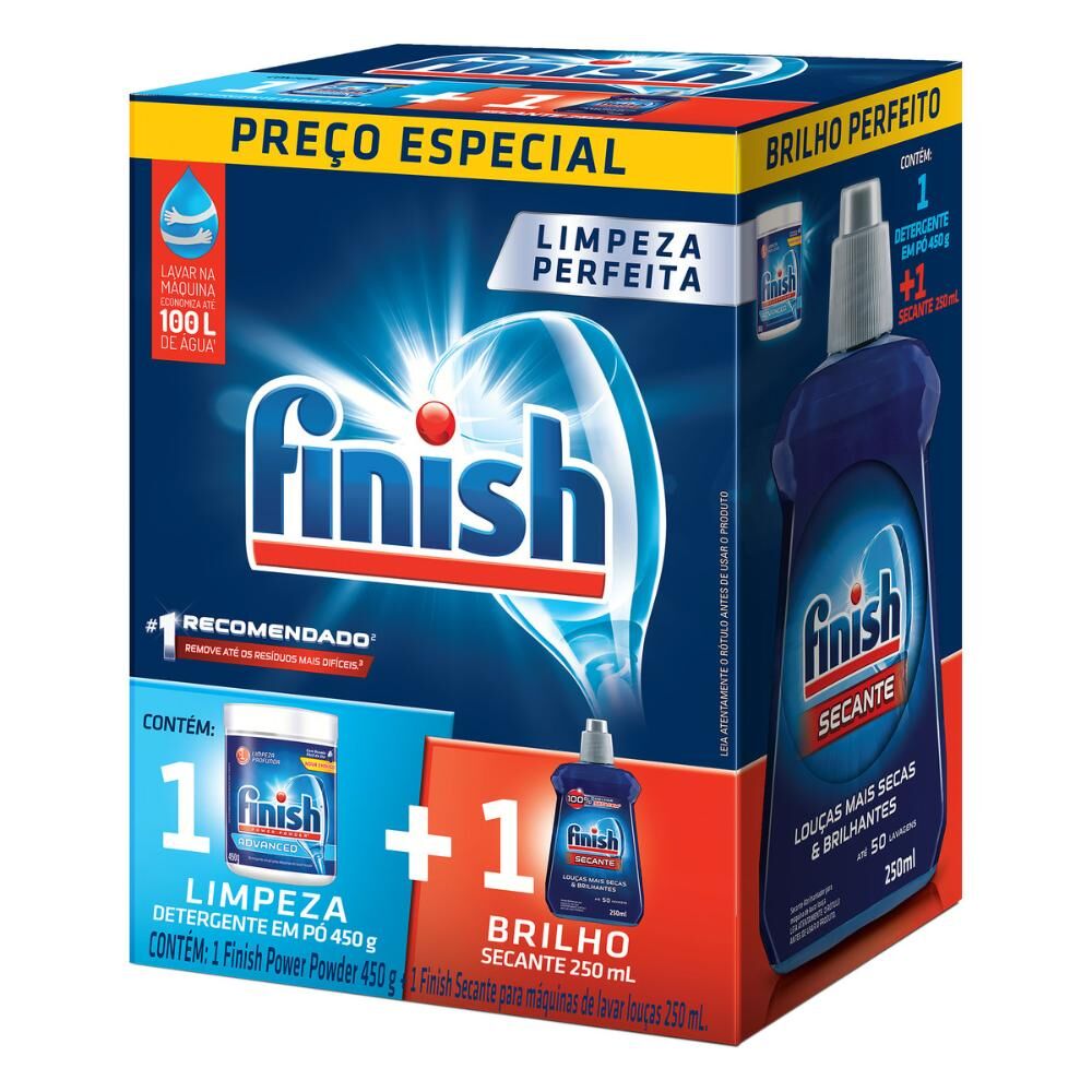Kit Detergente Pó Power Powder Advanced 450g + Secante Abrilhantador 250ml para Máquina de Lavar Louças Finish