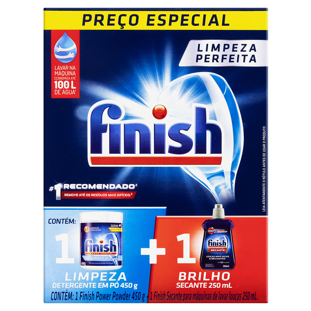 Kit Detergente Pó Power Powder Advanced 450g + Secante Abrilhantador 250ml para Máquina de Lavar Louças Finish