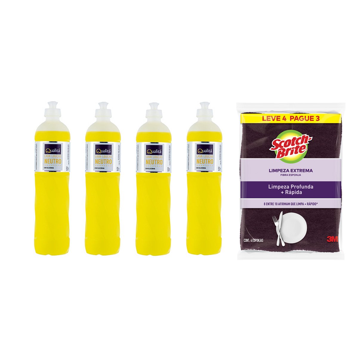 Kit Esponja Scoth Brite Extrema Leve 4 Pague 3 + 4 Detergentes Líquido Neutro QUALITÁ 500ml