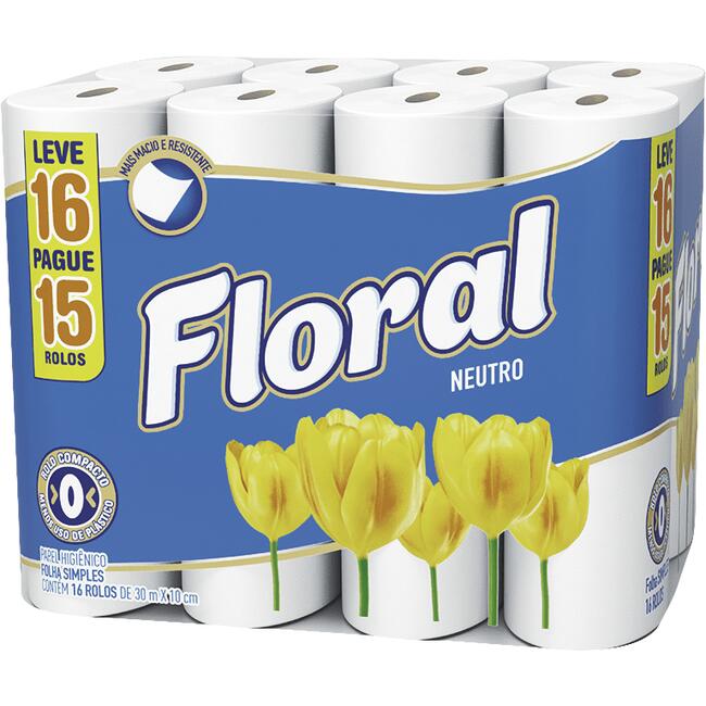 Papel Higiênico Floral Folha Simples - 30m 16 rolos