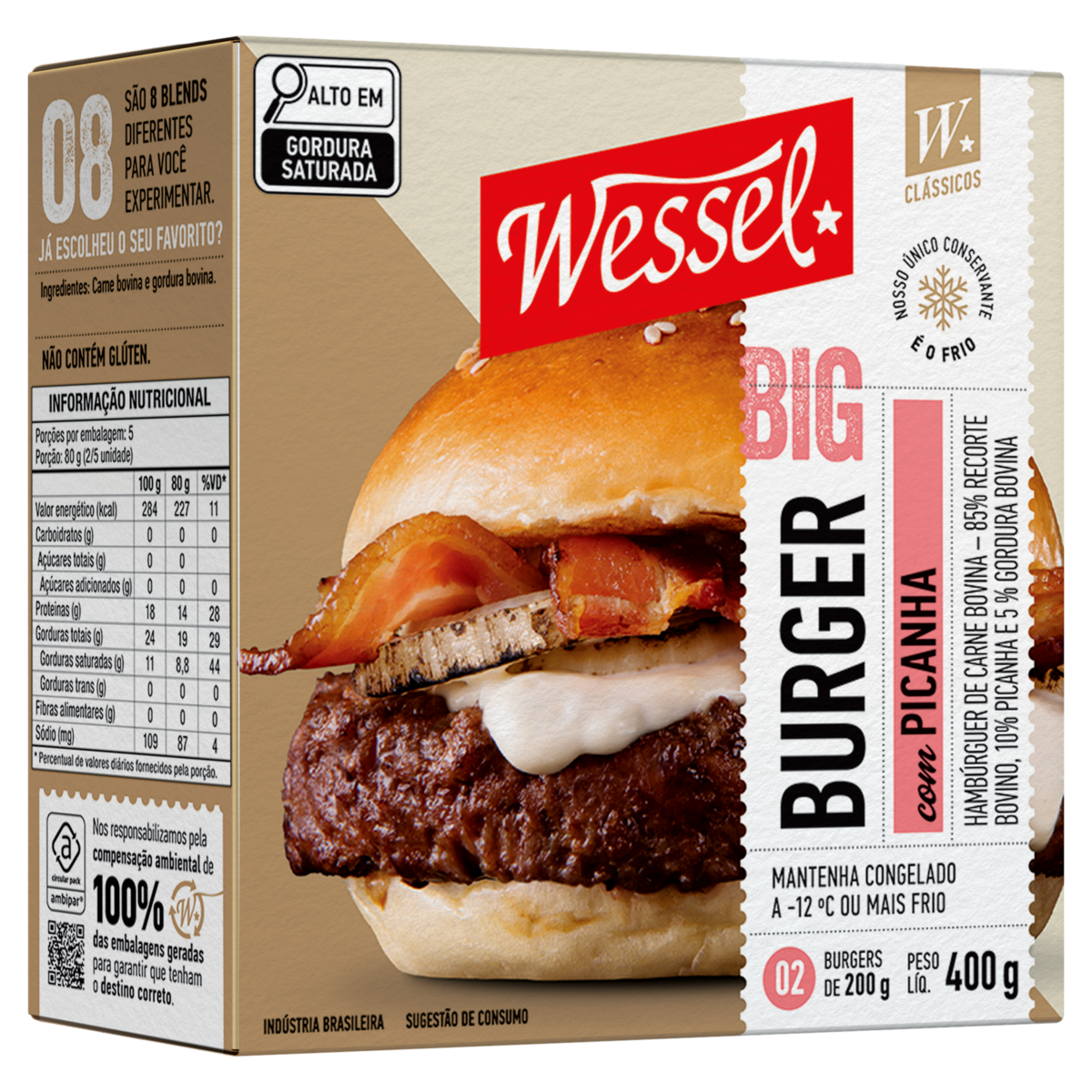 Hambúrguer de Carne Bovina Picanha Wessel Caixa 400g 2 Unidades