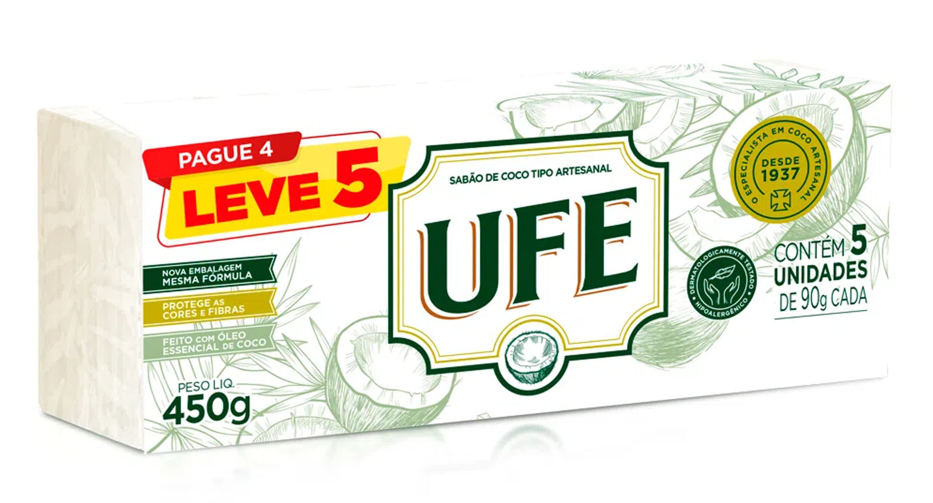 Sabão em Barra UFE Coco com 5 Unidades 100g