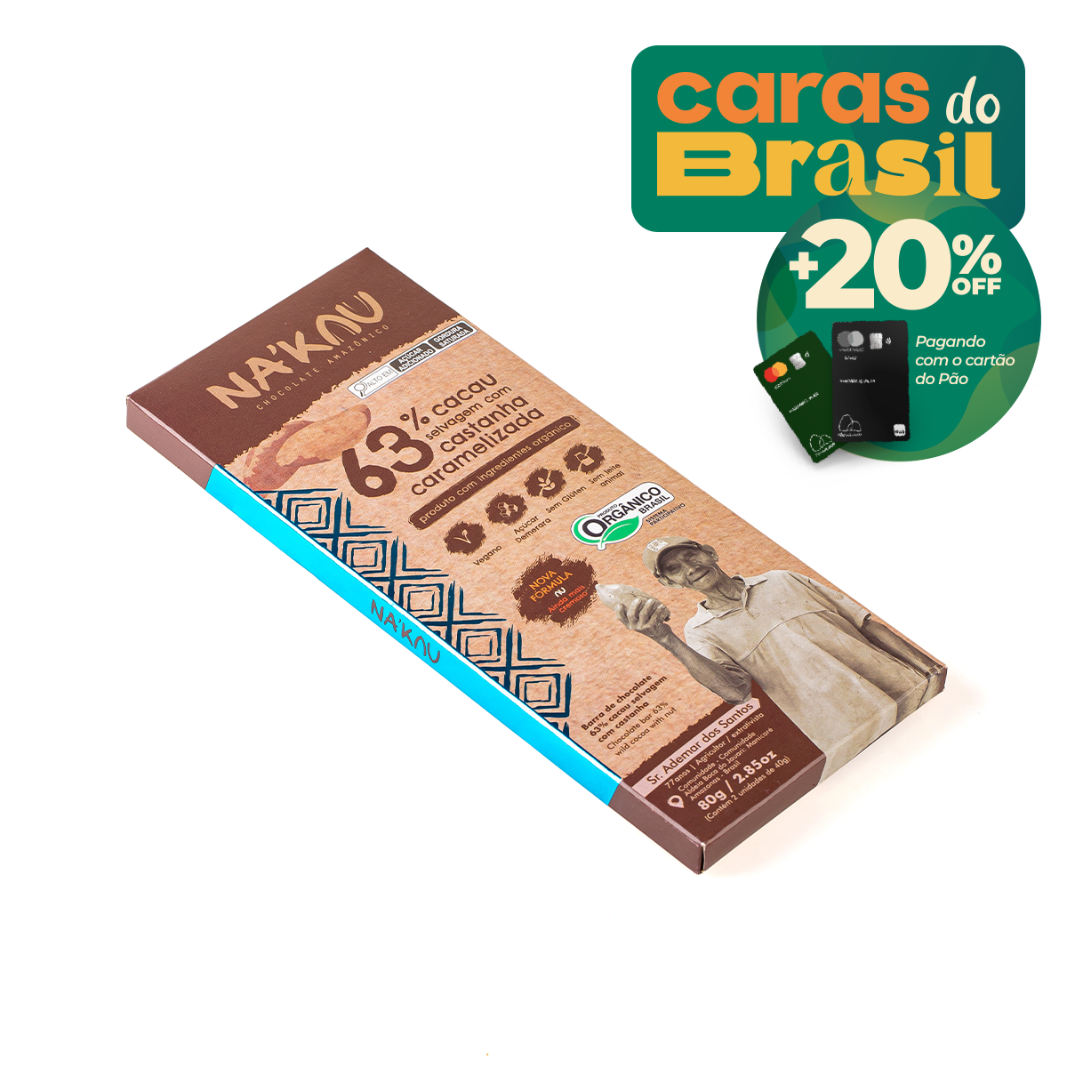 Chocolate com Castanha da Amazônia 63% Cacau Nakau 80g