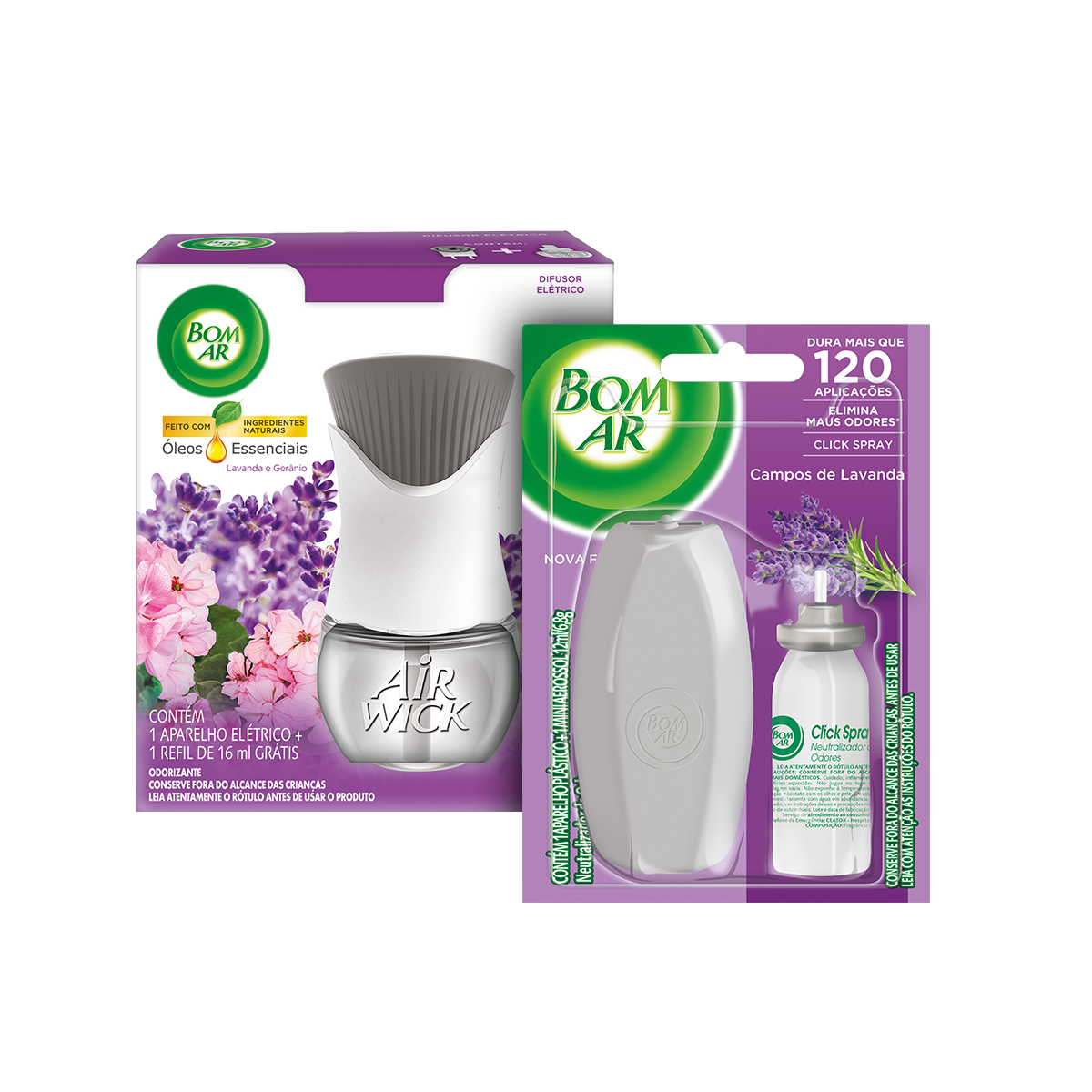 Kit Difusor Elétrico Bom Ar Lavanda e Gerânio Aparelho com Refil 16ml + Aromatizador Bom Ar Click Spray Campos de Lavanda Aparelho com Refil 12ml