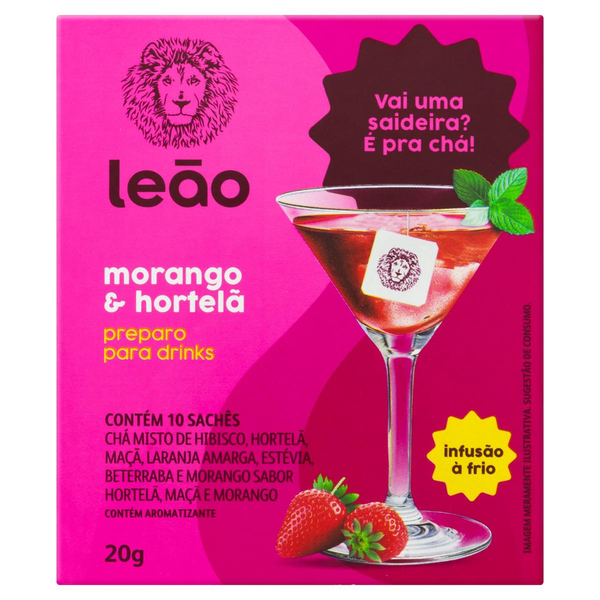 Chá Morango e Hortelã Leão Caixa 20g 10 Unidades