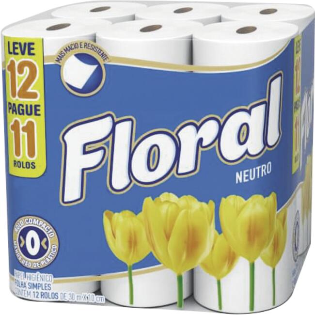 Papel Higiênico Floral Folha Simples - 30m 12 rolos