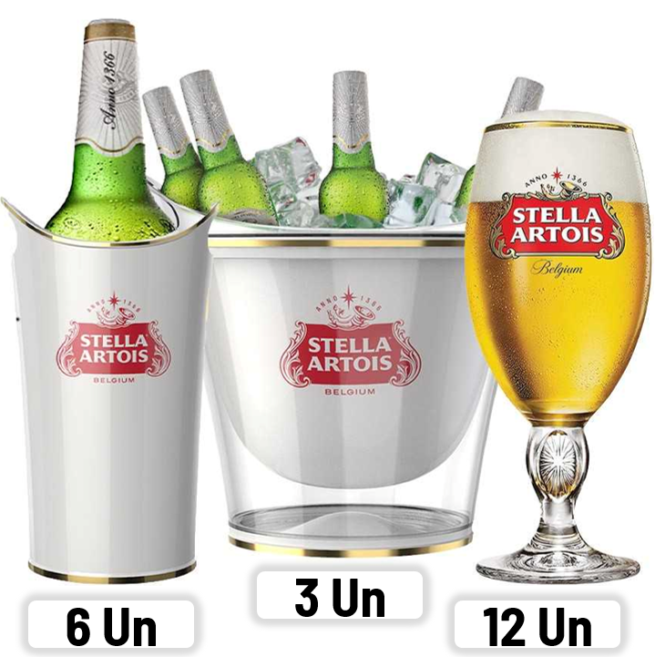 Combo Stella Artois: 12 Taças + 6 Cervegelas + 3 Baldes