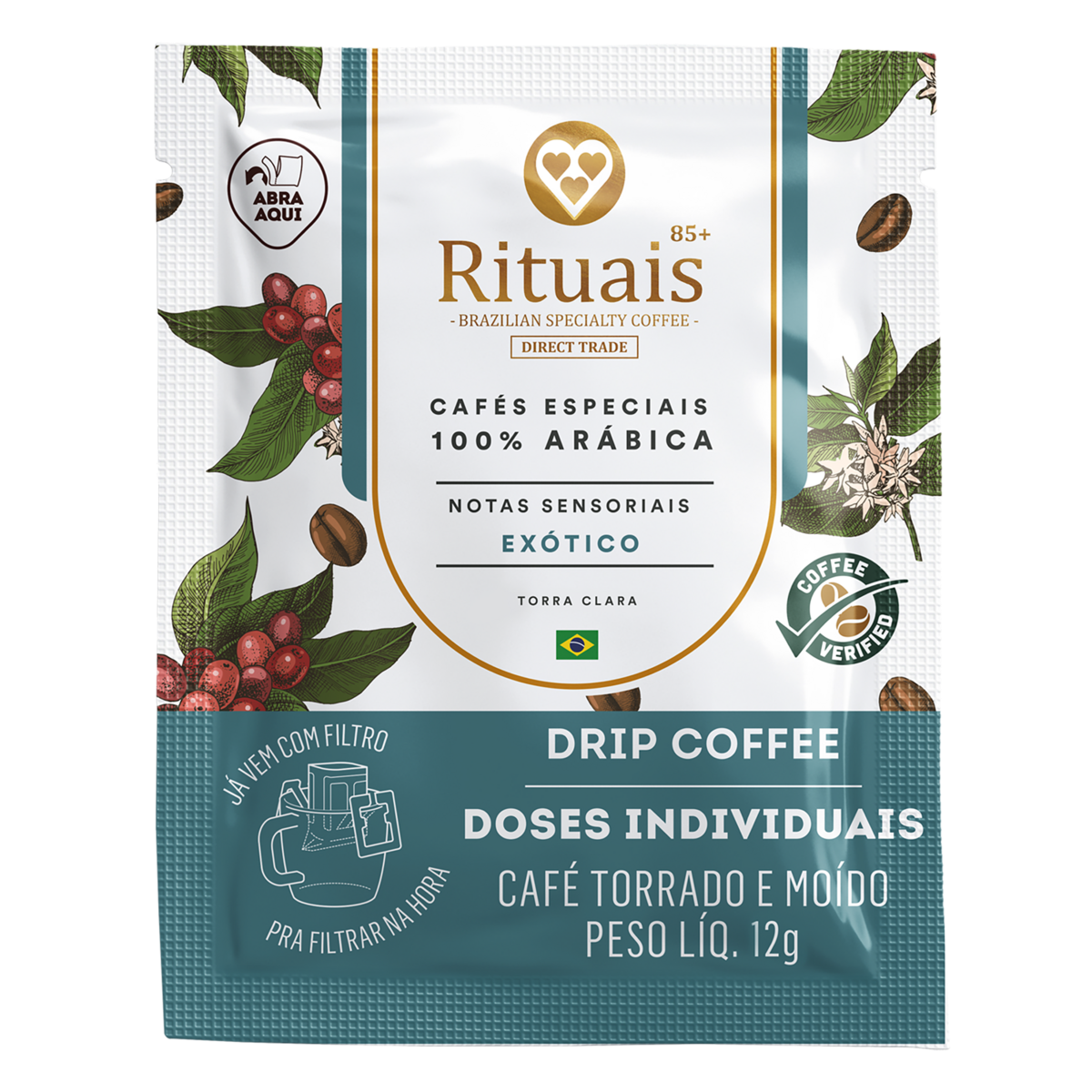 Café em Sachê Torrado e Moído Drip Coffee Exótico 3 Corações Rituais 85+ Envelope 12g