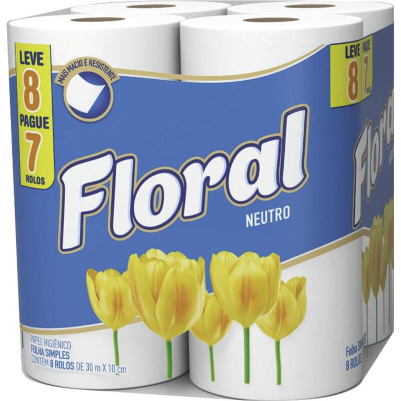 Papel Higiênico Floral Folha Simples - 30m 8 rolos
