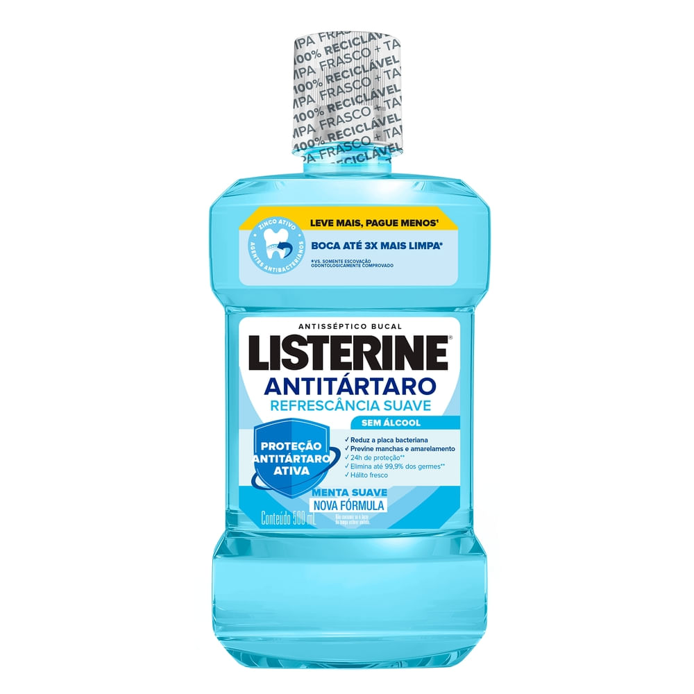 Enxaguante Bucal LISTERINE Antitártaro Menta Suave sem Álcool Resfrescância Suave 500ml Leve Mais Pague Menos