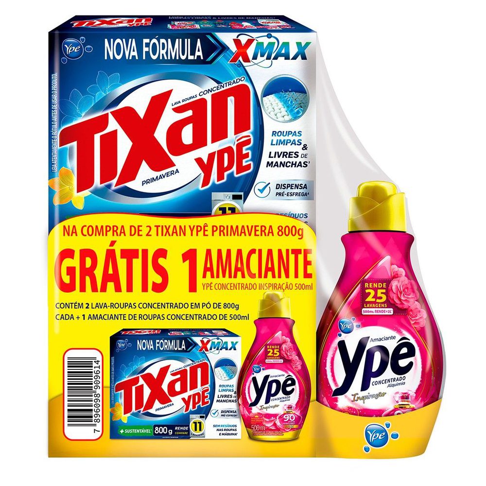Kit Sabão em Pó Tixan Ypê Primavera 800g 2 Unidades + Grátis Amaciante Concentrado Ypê 500ml