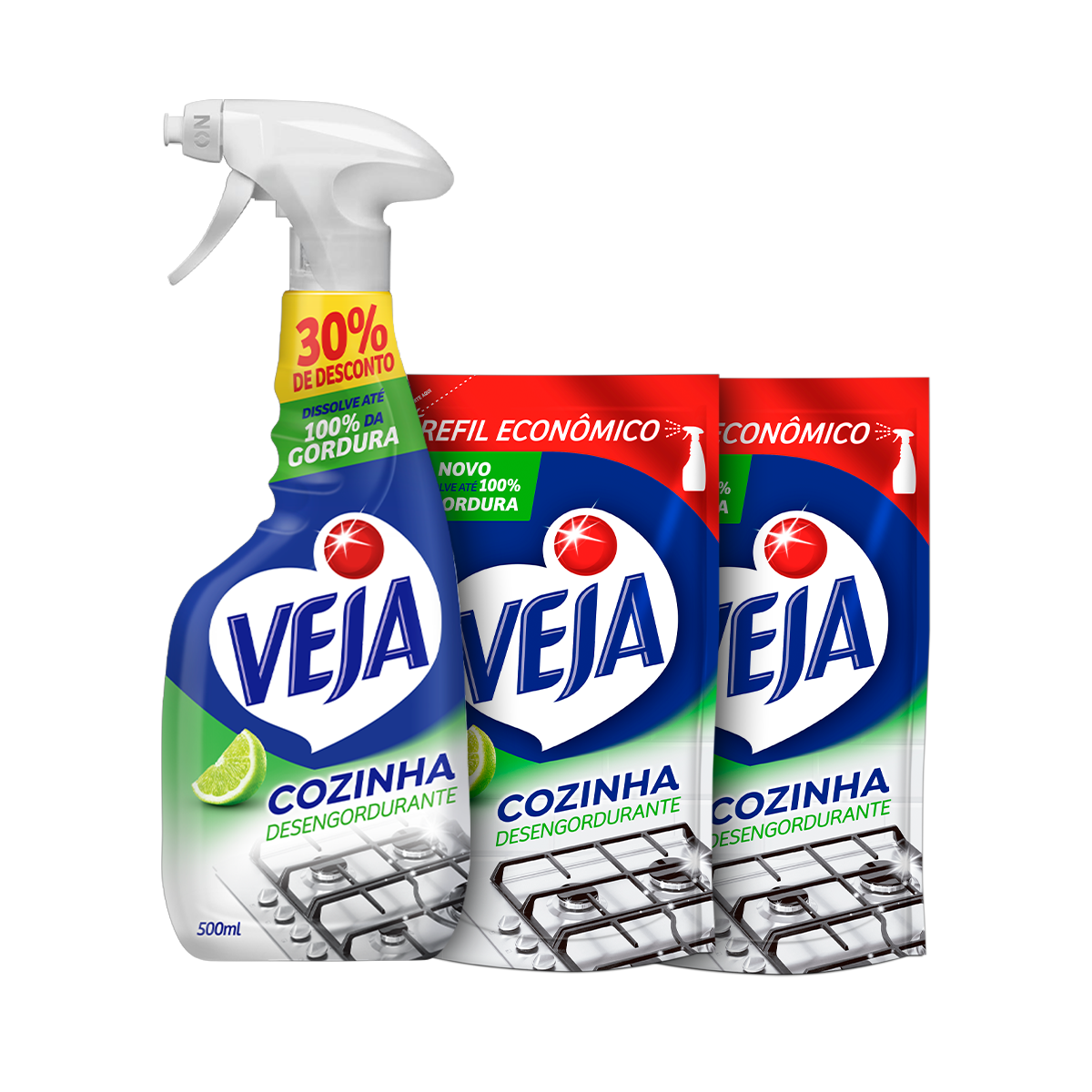 Kit Desengordurante Spray Veja Cozinha Limão 500ml Oferta + Desengordurante Veja Cozinha Limão 400ml Refil Econômico