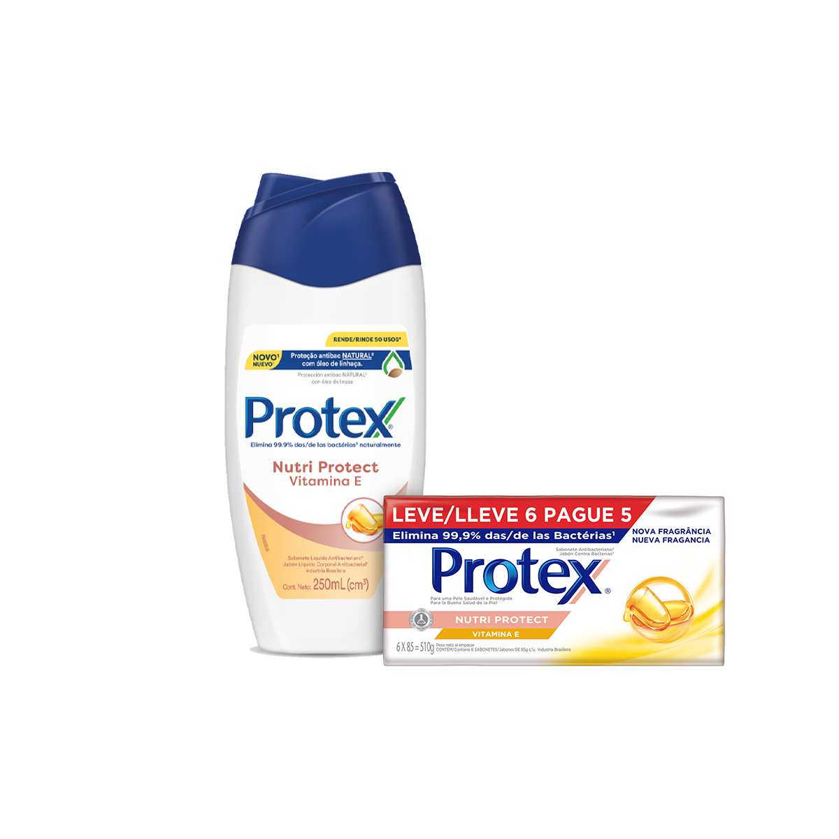 Kit Sabonete Líquido Protex Nutri Protect Vitamina E 250ml + Sabonete em Barra Protex Nutri Protect Vitamina E 85g Promo 6un c/ Desconto