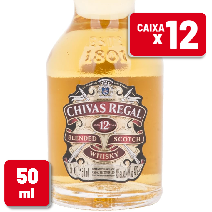Whisky Chivas Regal 12 Anos Miniatura Garrafa Vidro 50ml Caixa c/ 12 un
