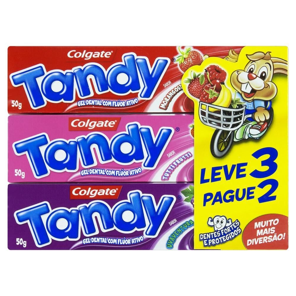 Gel Dental Tandy Morango, Tutti Frutti E Uva Com Flúor Ativo 50g Cada Leve 3 Pague 2 Unidades