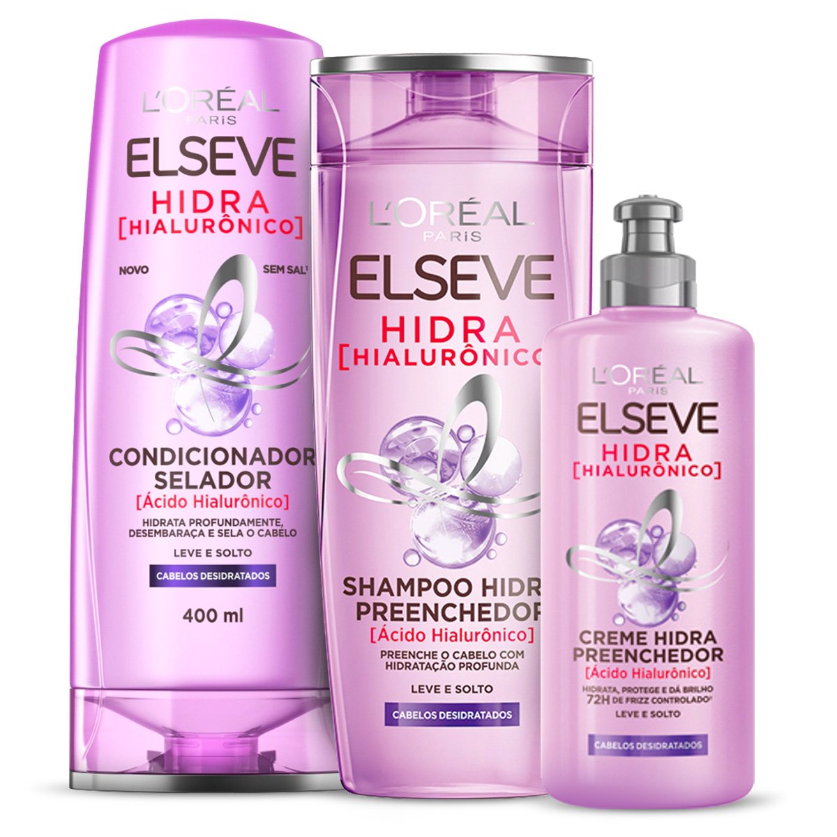 Kit Shampoo Preenchedor Elseve Hidra Hialurônico 400ml + Condicionador Selador Elseve Hidra Hialurônico 400ml + Creme Preenchedor Elseve Hidra Hialurônico 250ml