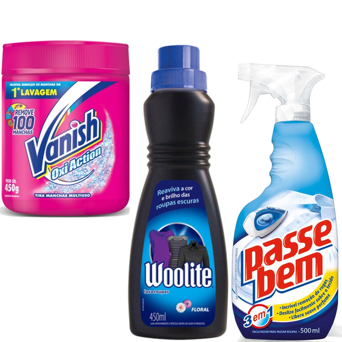 KIT VANISH - Tira Manchas em Pó VANISH Multi - Uso Poder O2 450g + Lava Roupas Líquido WOOLITE para Roupas Pretas e Escuras 450ml + Passa Roupas PASSE BEM Aparelho 500ml