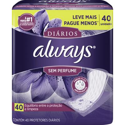 Protetor Diário sem Abas e Perfume Always Pacote 40 Unidades