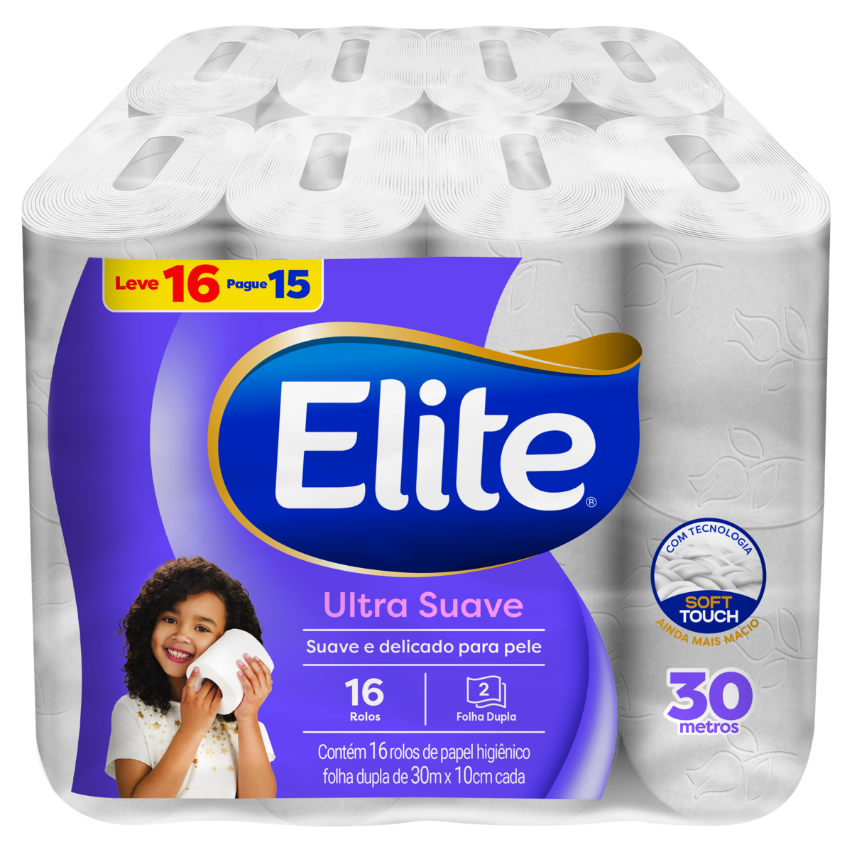Papel Higiênico Folha Dupla Dualette Elite Ultra 30m Pacote Leve 16 Pague 15 Unidades