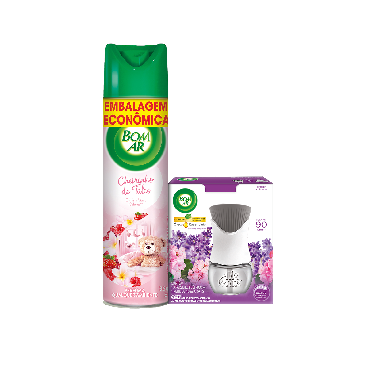Kit Aromatizador Bom Ar Aerossol Cheirinho de Talco 360ml Embalagem Econômica + Difusor Elétrico Bom Ar Lavanda e Gerânio Aparelho com Refil 16ml