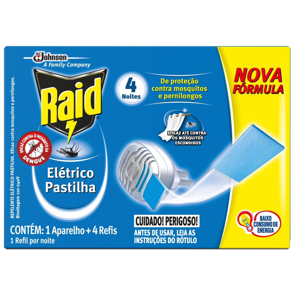 Repelente Elétrico Raid Pastilha Aparelho + 4UN Refil de 32,9ml