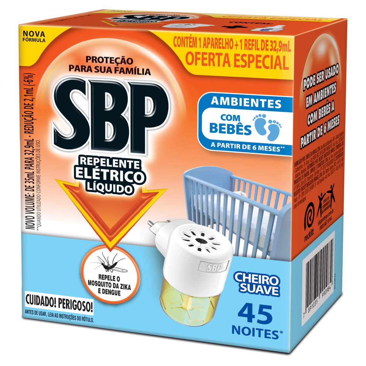 Repelente Elétrico Líquido SBP 45 Noites Cheiro Suave Novo Aparelho + Refil
