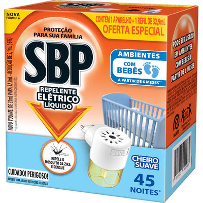Repelente Elétrico Líquido SBP 45 Noites Cheiro Suave Novo Aparelho + Refil