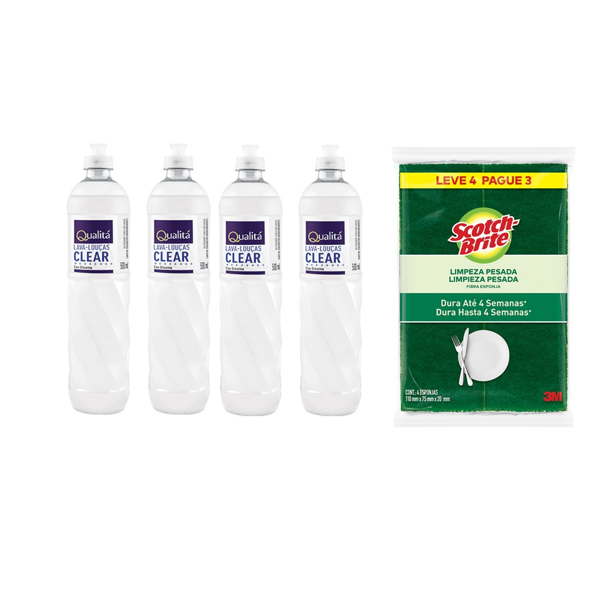 Kit Esponja SCOTCH BRITE 3M Multiuso 4 Unidades + 4 Detergentes Líquido QUALITÁ Clear 500ml