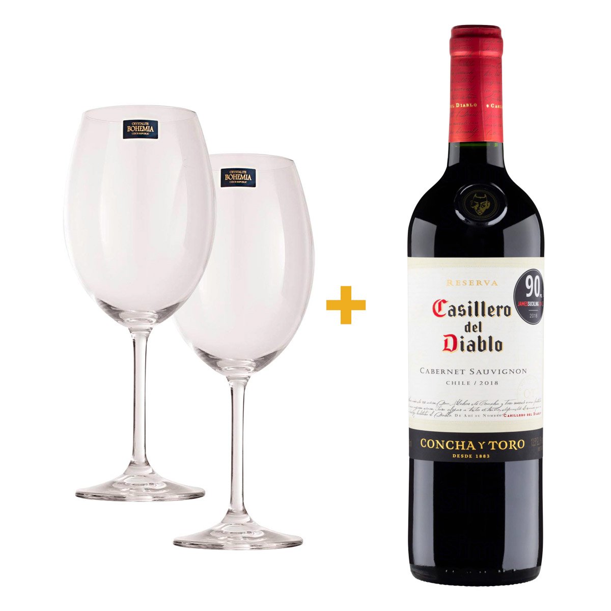 Kit com 2 Taça para Vinho Gastro Bohemia 580ml + 1 Vinho Chileno Tinto Seco Reserva Casillero del Diablo Cabernet Sauvignon Valle Central Garrafa 750ml
