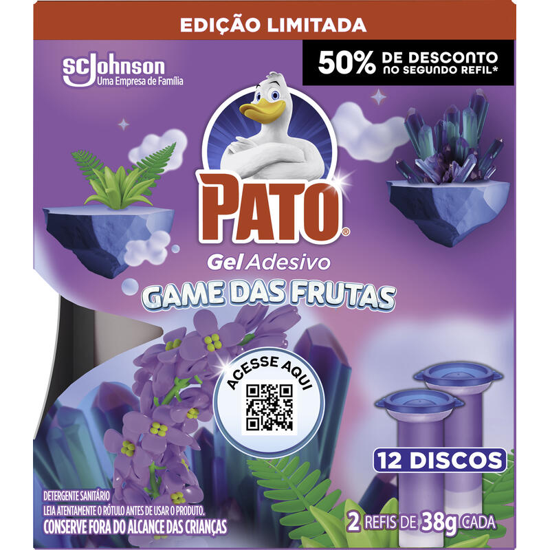 Desodorizador Sanitário PATO Gel Adesivo Game das Frutas com 2 Refis 38g cada 50% de Desconto no Segundo Refil